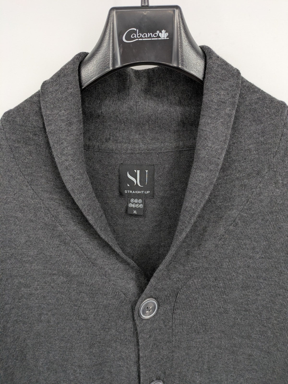 Straight Up grey cardigan with shawl collar, button front, soft cotton-acrylic blend.