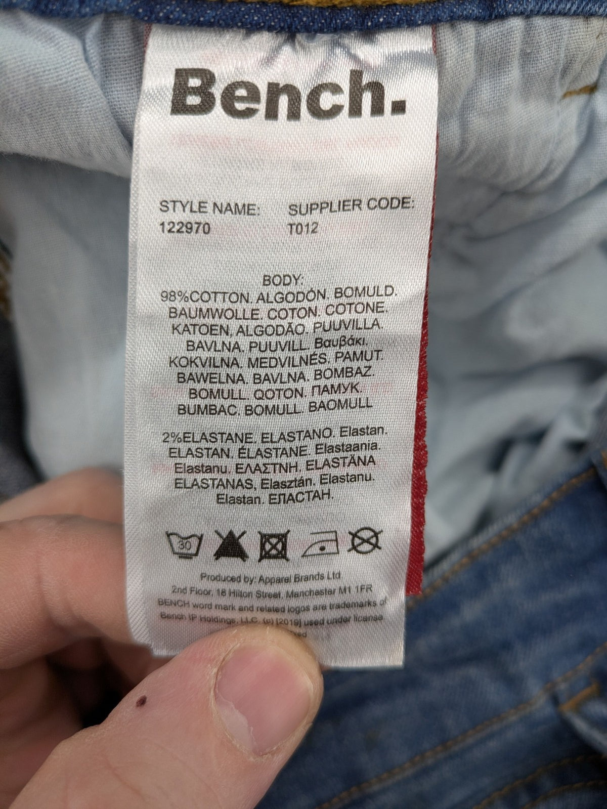 Bench blue straight jeans with reinforced knees and multiple cargo pockets.