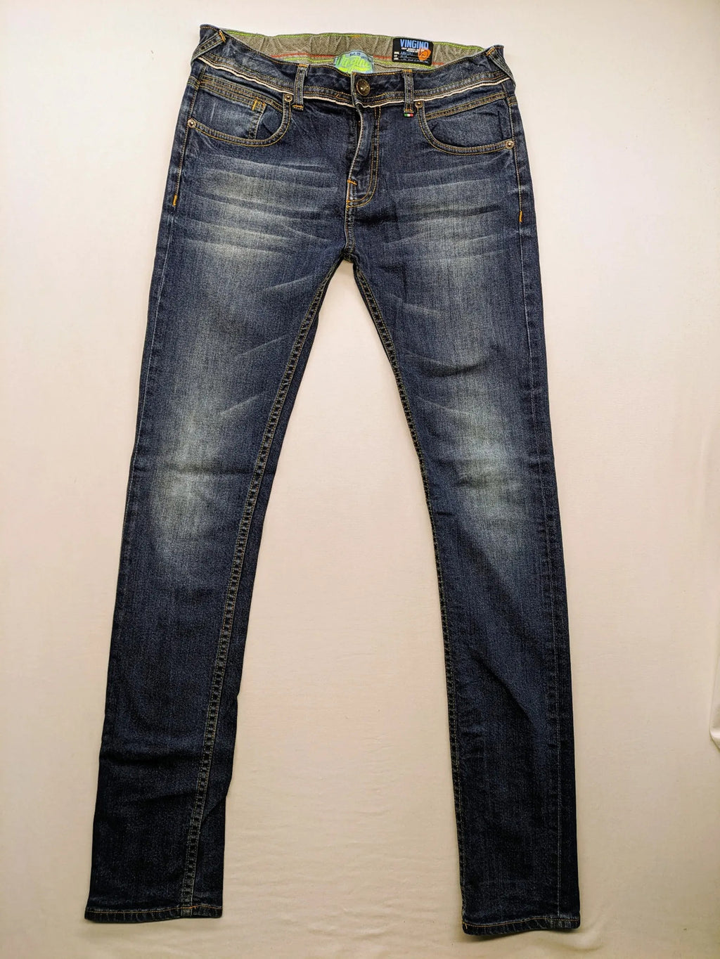 Vingino blue straight jeans medium wash 5-pocket design with zipper fly and stretch denim.