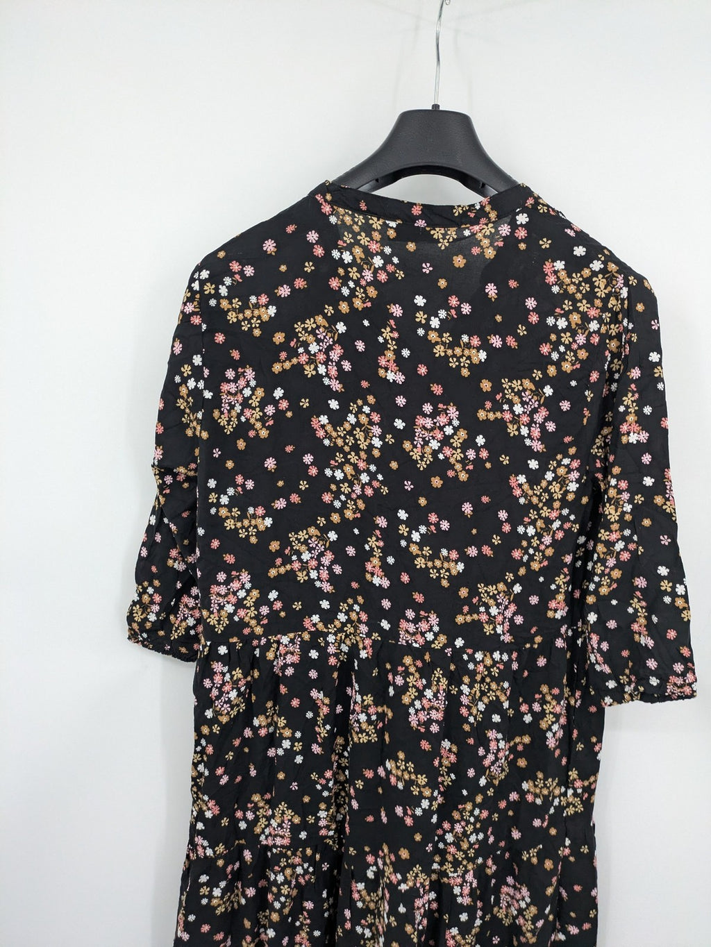Janina women's A-line dress multi floral print on black, V-neck, 3/4 sleeves, lightweight viscose.