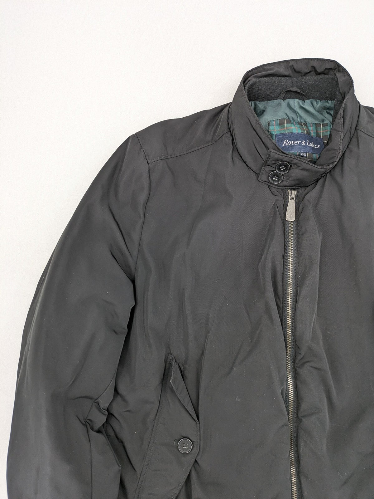 Rover & Lakes black bomber jacket padded interior, stand collar, zip front, multiple pockets.