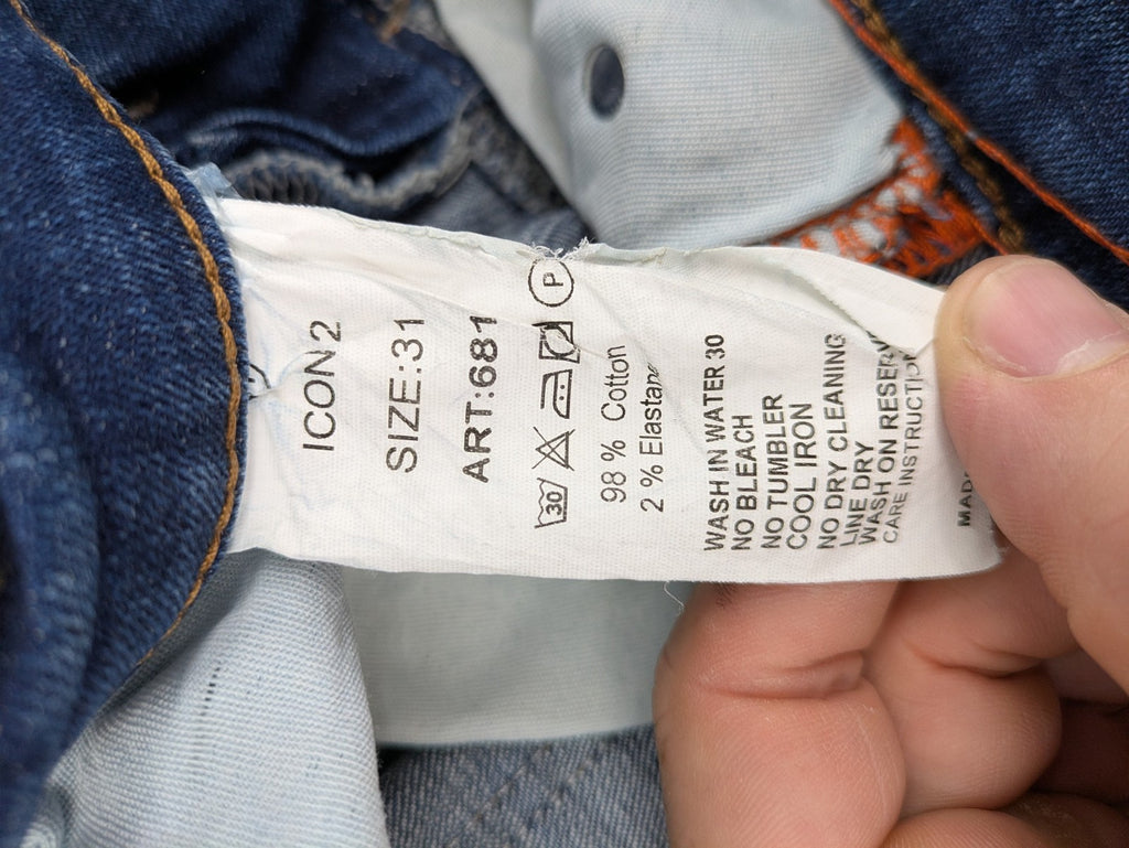 ICON 2 blue slim fit jeans distressed stretch denim with button fly and faded details.