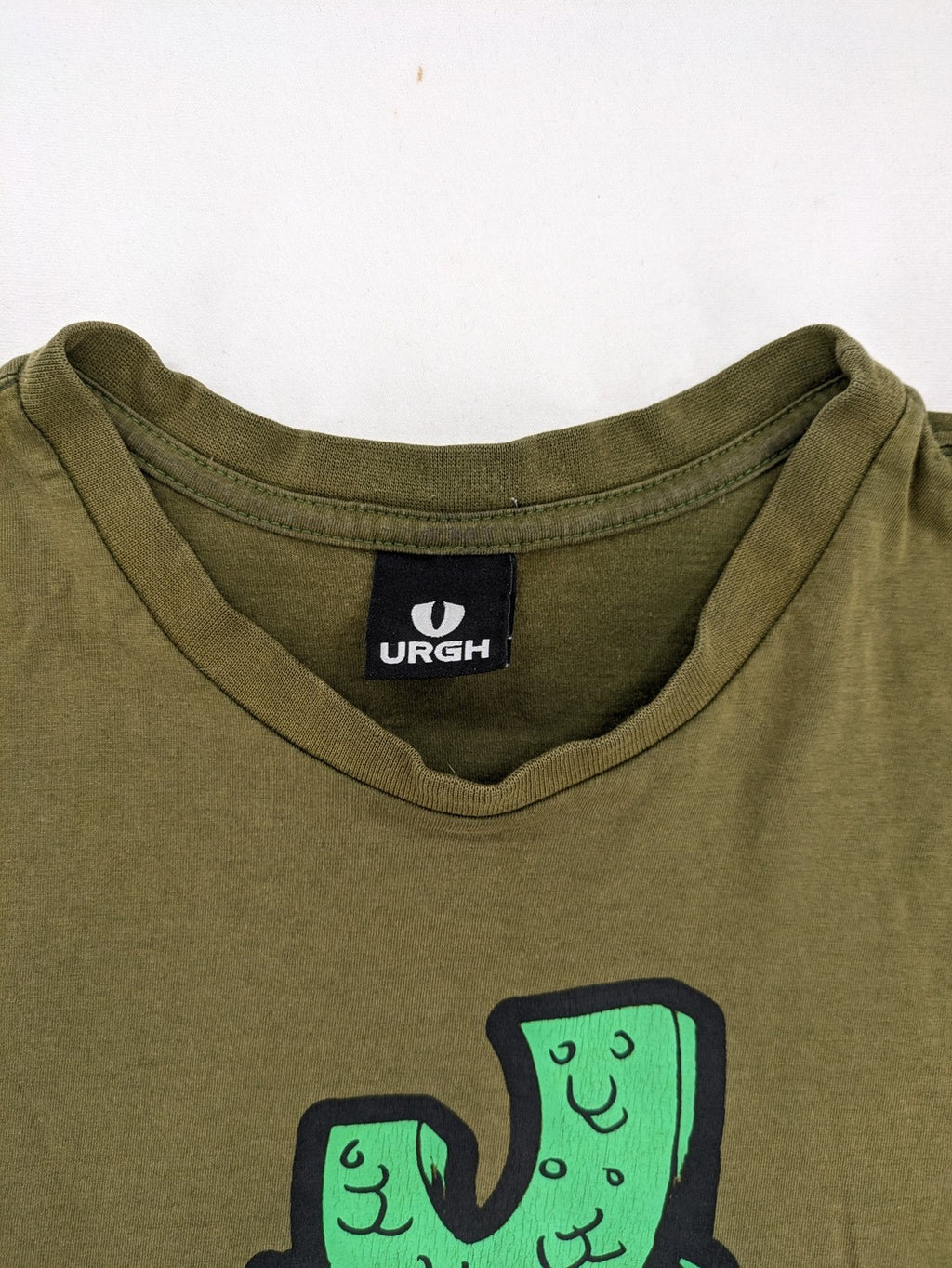 Urgh graphic t-shirt olive green large cactus print front, small logo detail back.