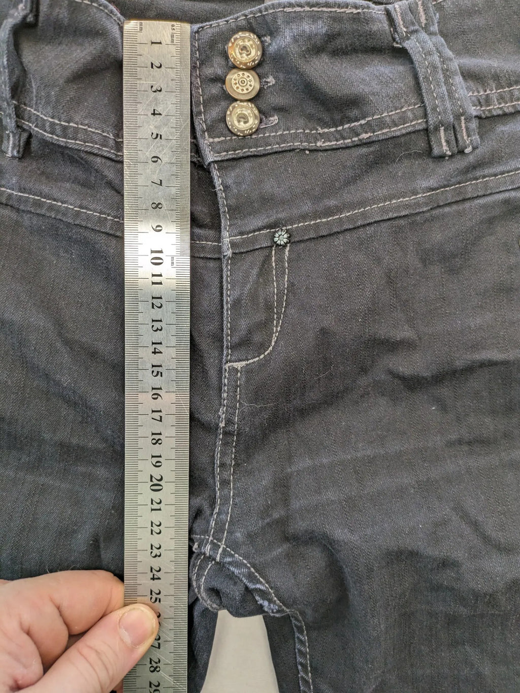 Okay grey straight jeans with contrast stitching and three-button closure, cotton stretch material.