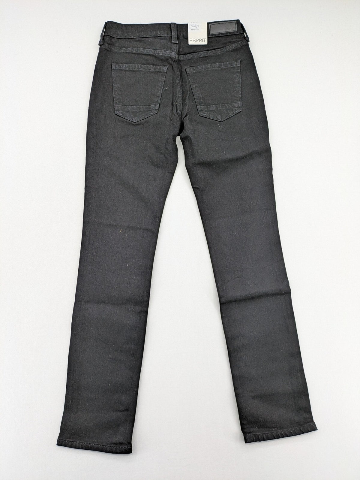 Esprit grey straight jeans with medium rise and original tags, classic denim style.