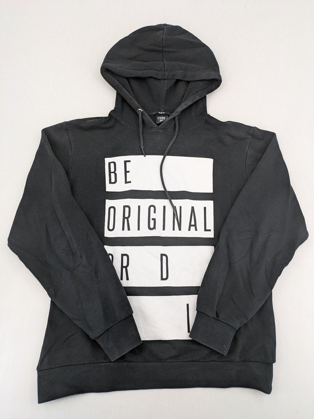 FSBN black hoodie with "BE ORIGINAL OR DIE" graphic print, slim fit, cotton-polyester blend.