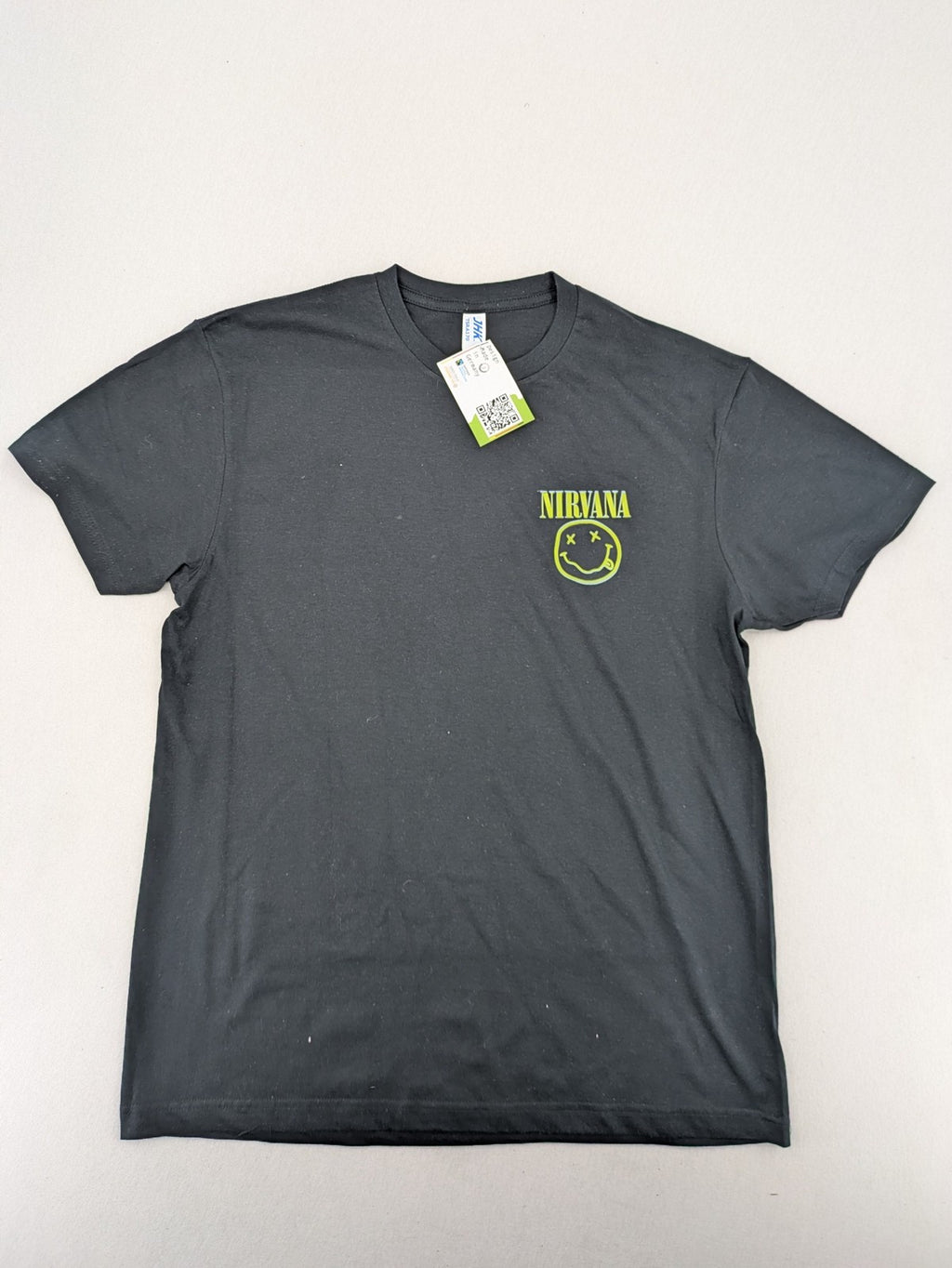 Bandshirt grey band t-shirt featuring yellow Nirvana smiley logo graphic, 100% cotton.