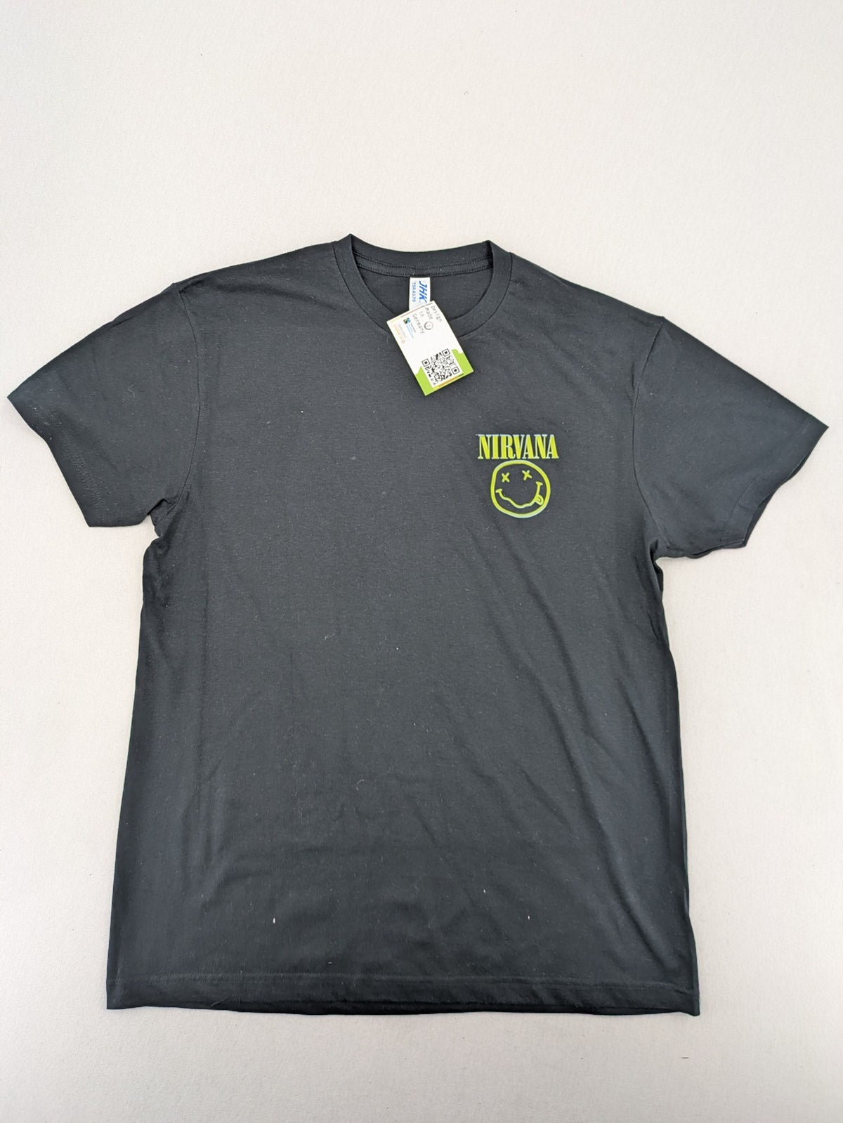 Bandshirt grey band t-shirt featuring yellow Nirvana smiley logo graphic, 100% cotton.