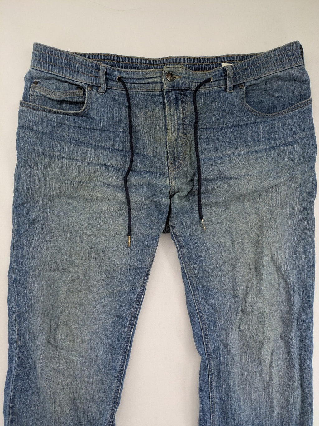 Wallbusch blue straight jeans with elastic waistband, drawstring, and breathable linen blend.