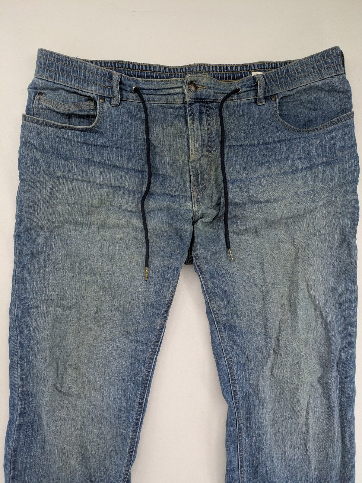 Wallbusch blue straight jeans with elastic waistband, drawstring, and breathable linen blend.