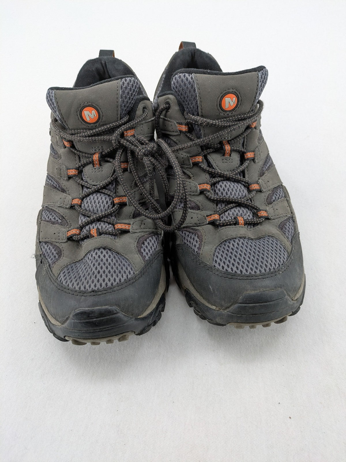 Merrell grey hiking shoes with Gore-Tex membrane and Vibram sole for traction.
