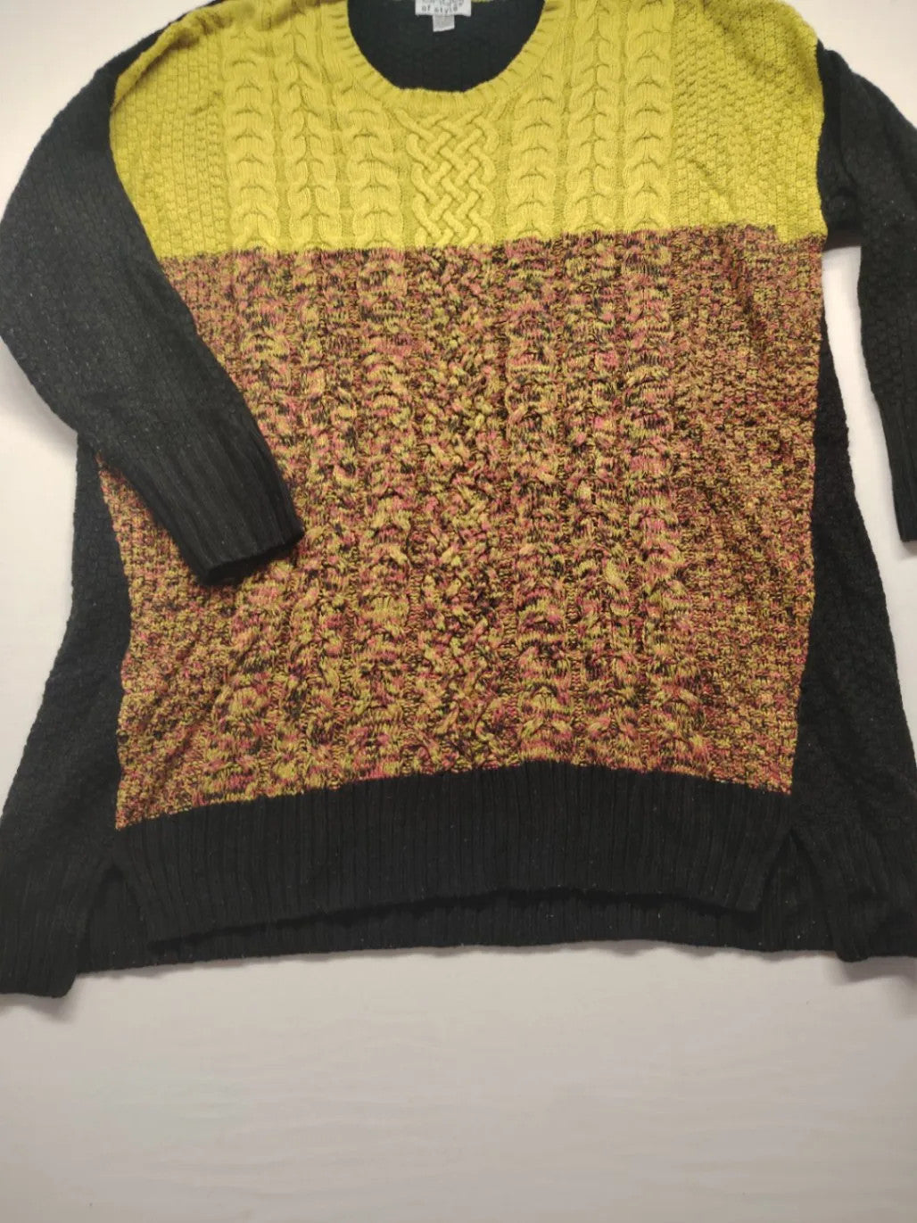 angel of style turtle neck jumper black brown yellow colorblock design with cable knit pattern