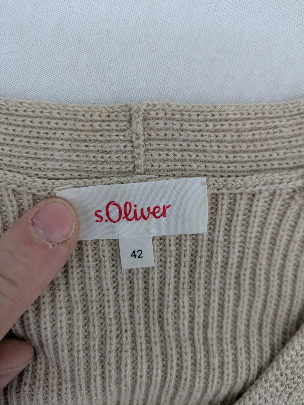 s.Oliver beige turtle neck jumper with V-neck, ribbed texture, and raglan sleeves