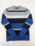 Angelo Litrico navy knit jumper striped pattern in blue, grey, and white, cotton material.
