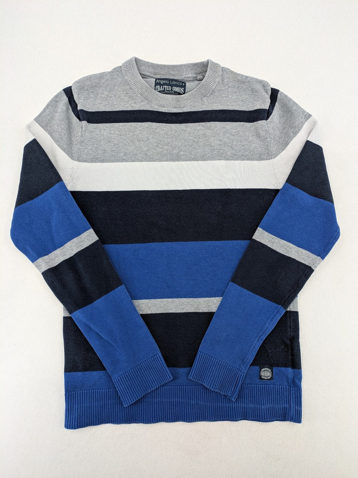 Angelo Litrico navy knit jumper striped pattern in blue, grey, and white, cotton material.