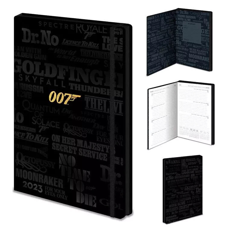 James Bond black diary hardcover with iconic 007 logo and elegant design.