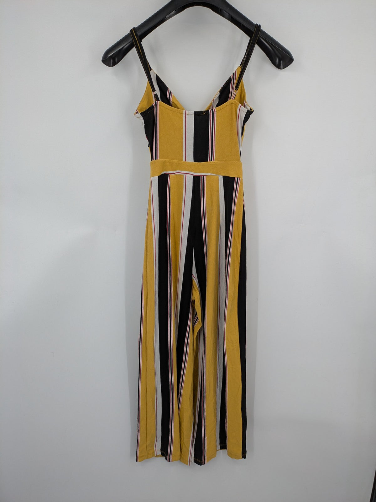 Bershka multi jumpsuit vertical striped pattern yellow, black, white, knot detail, cut-out waist.