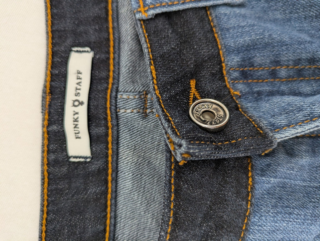 Funky Staff two-tone straight jeans black and blue, colorblock design, embroidered logo on back pocket.