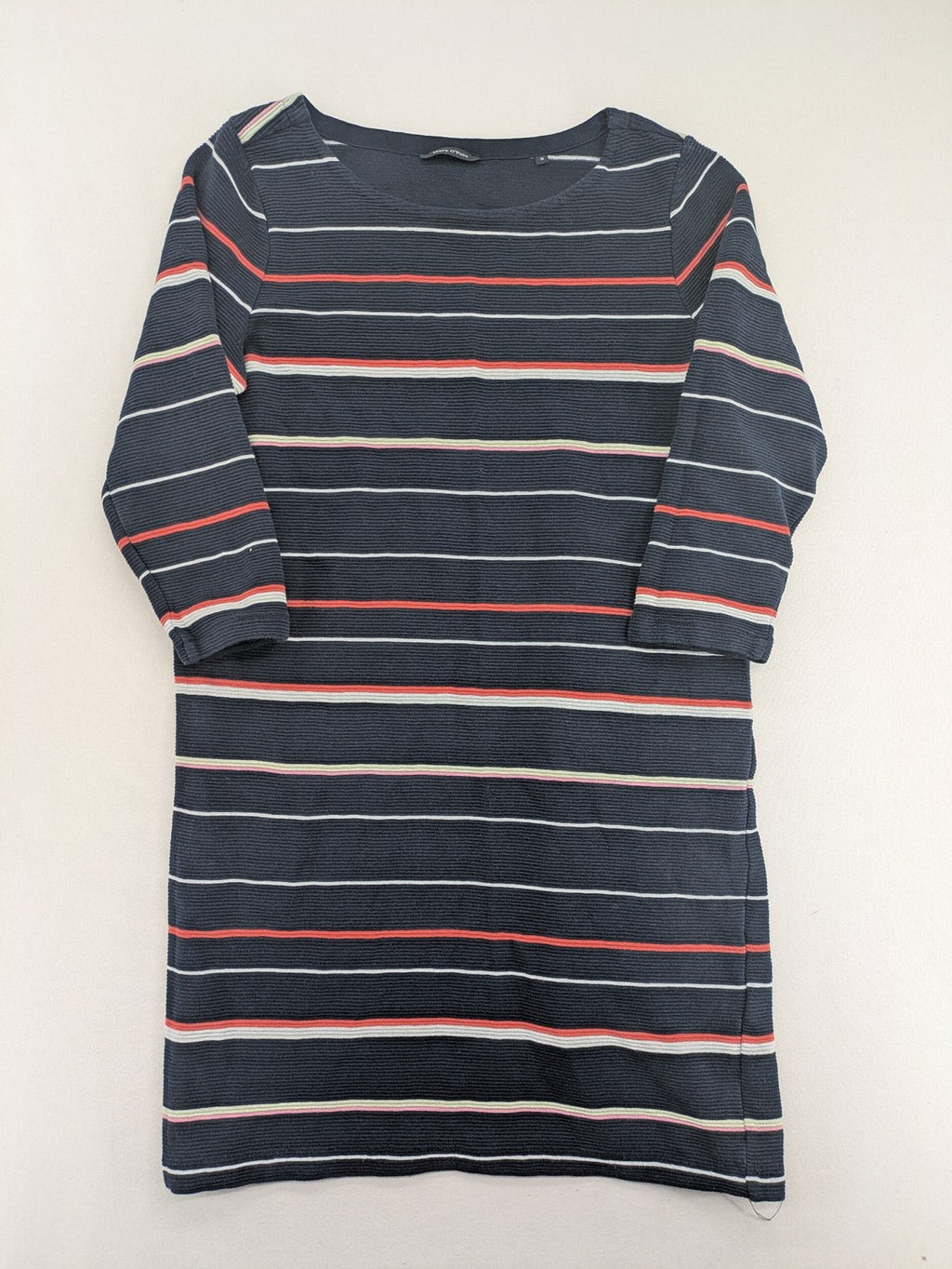 Marc O'Polo striped dress navy blue with red and white stripes, 3/4 sleeves, cotton.
