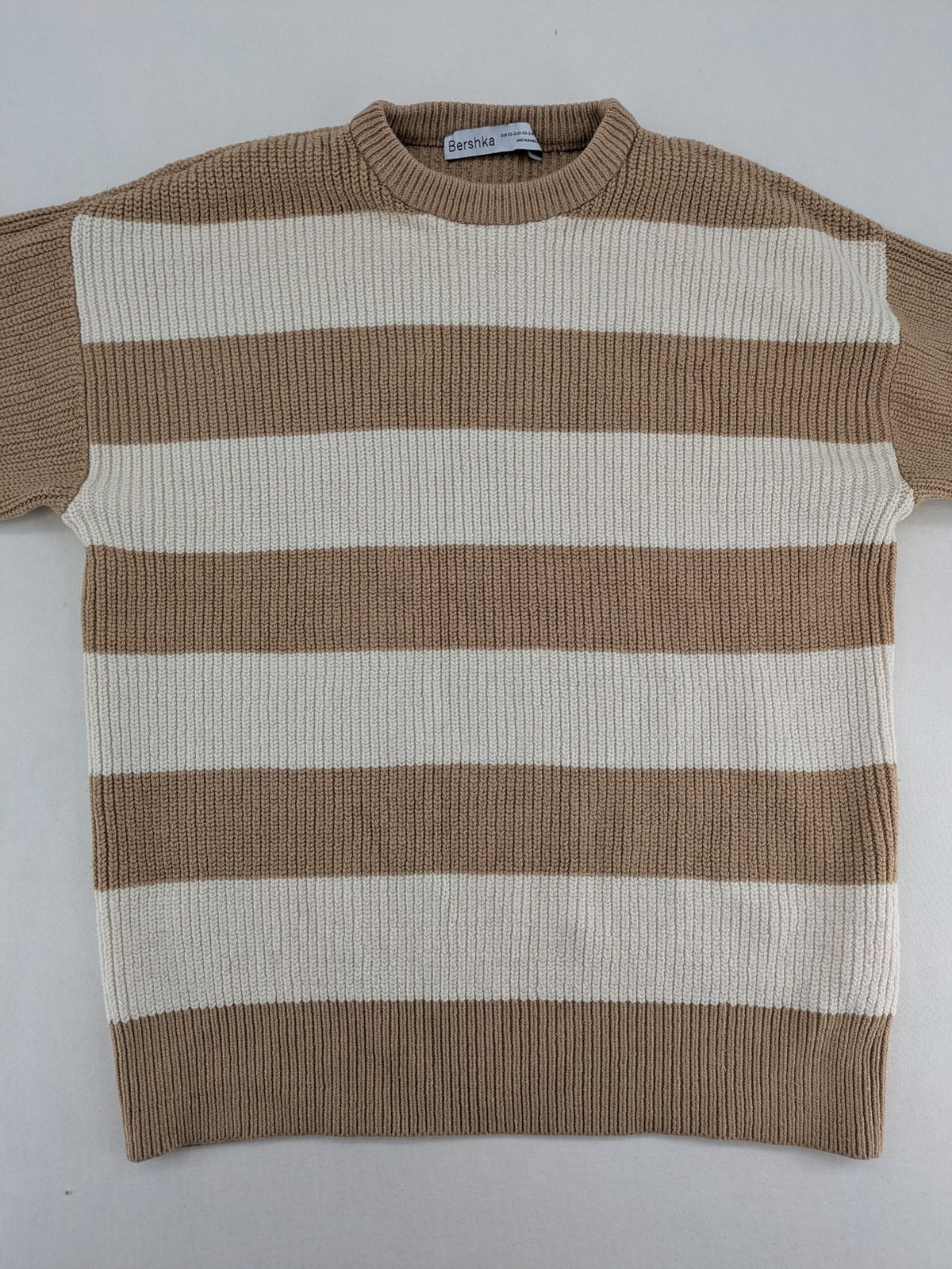 Bershka cream turtle neck jumper with brown and white striped pattern in ribbed knit.