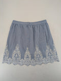 Yessica C&A blue A-line dress with white lace embroidery and side zipper.