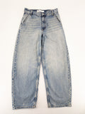 Bershka blue wide leg jeans high waist baggy style with light wash and cotton material.