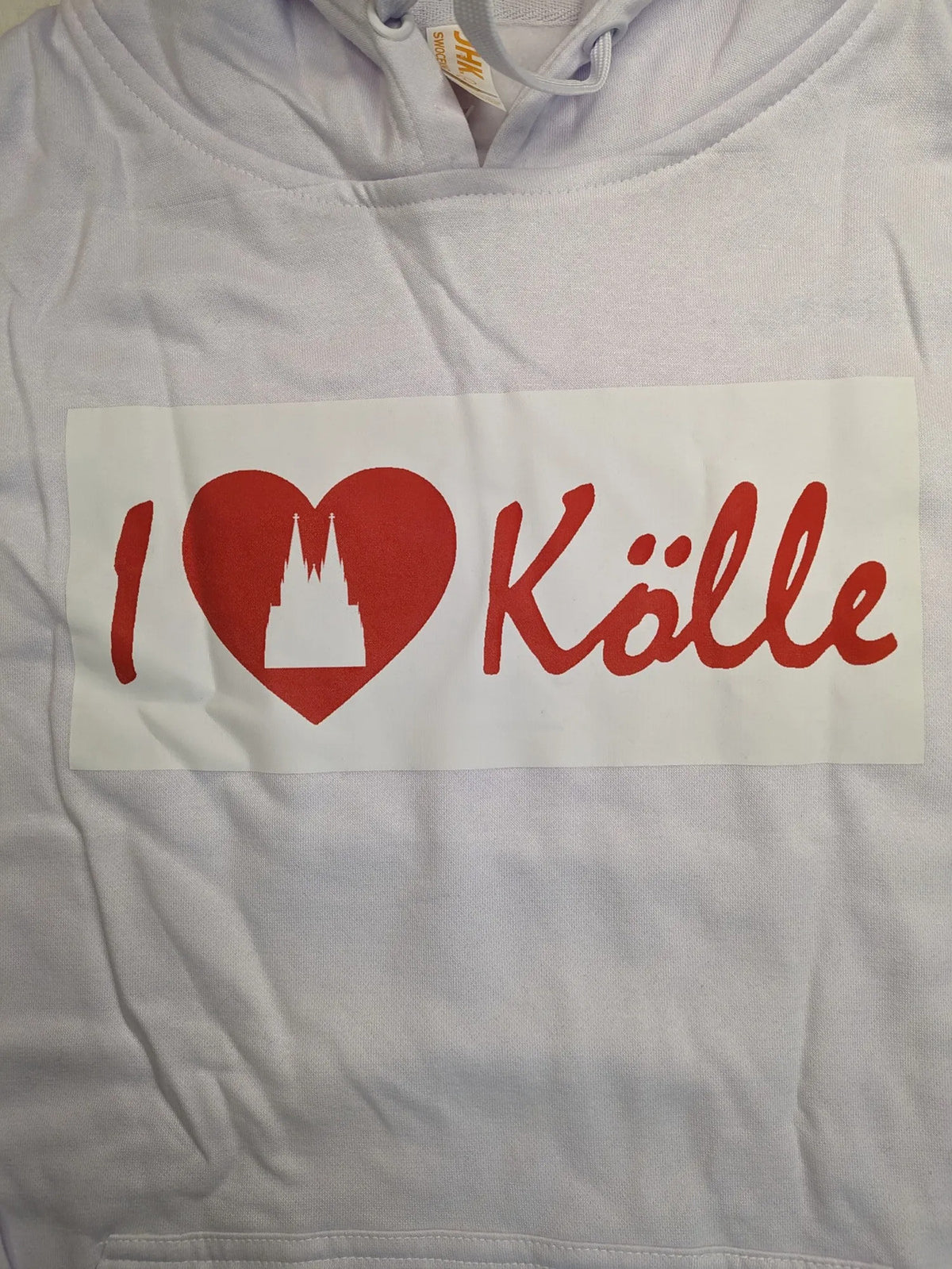 I Love red hoodie with "I ❤️ Kölle" design and adjustable drawstring hood.