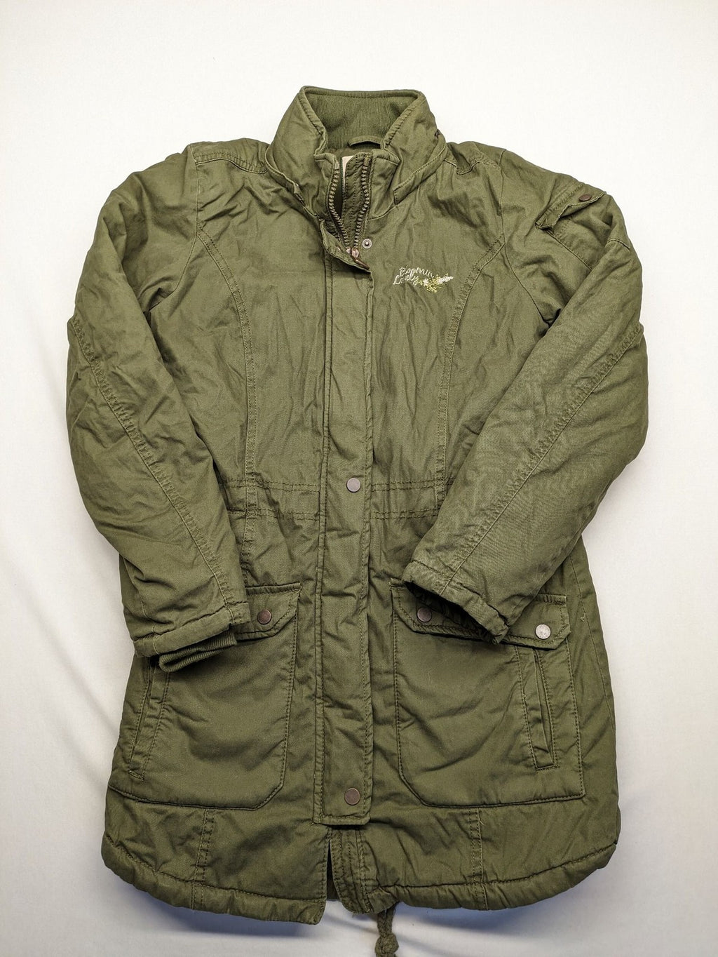 Vp Fashion khaki parka coat with "Bloomin' Lovely" floral embroidery and quilted lining.