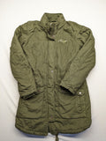 Vp Fashion khaki parka coat with "Bloomin' Lovely" floral embroidery and quilted lining.