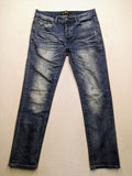 Brandit blue straight jeans with distressed details, button fly, and classic 5-pocket style.