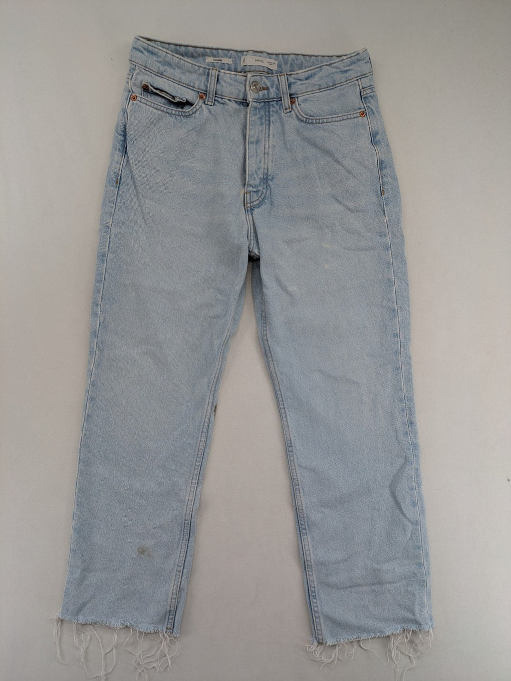 MNG blue high waist mom jeans with raw hem and five-pocket style.