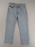 MNG blue high waist mom jeans with raw hem and five-pocket style.