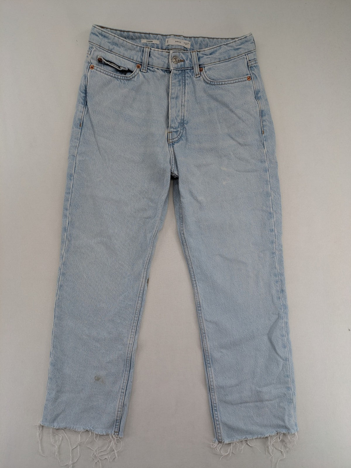 MNG blue high waist mom jeans with raw hem and five-pocket style.