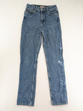 Castro Jeans blue straight leg jeans high waist with white paint splatter details.