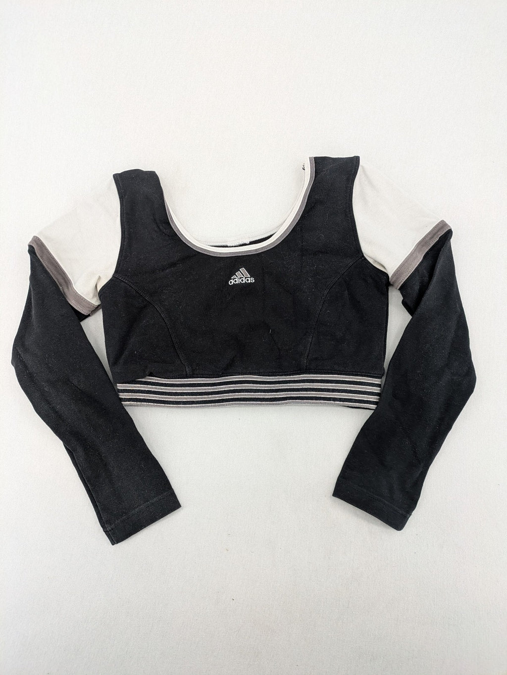 Adidas long sleeve crop top black grey white color-blocking with embroidered logo.