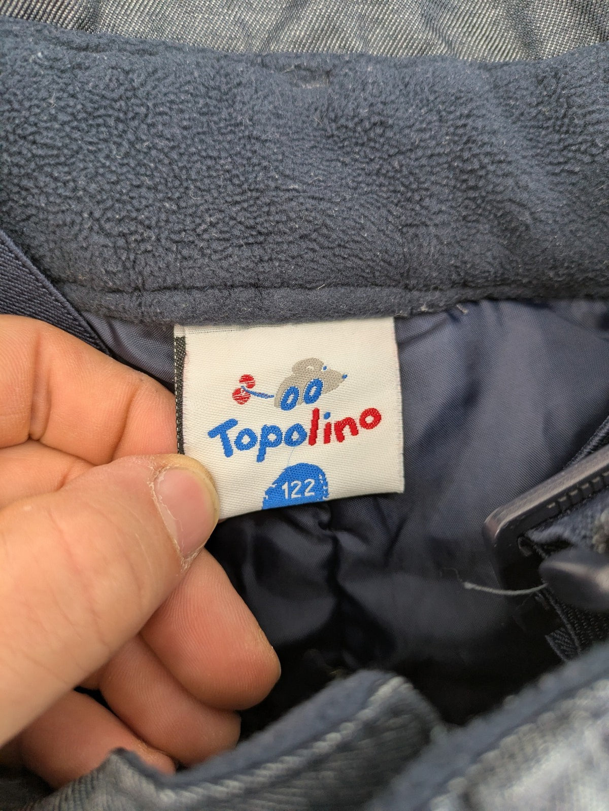 Topolino grey snow pants with adjustable straps and durable insulated material.