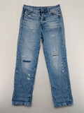 G-Star Raw blue distressed high boyfriend jeans with ripped details and classic button closure.