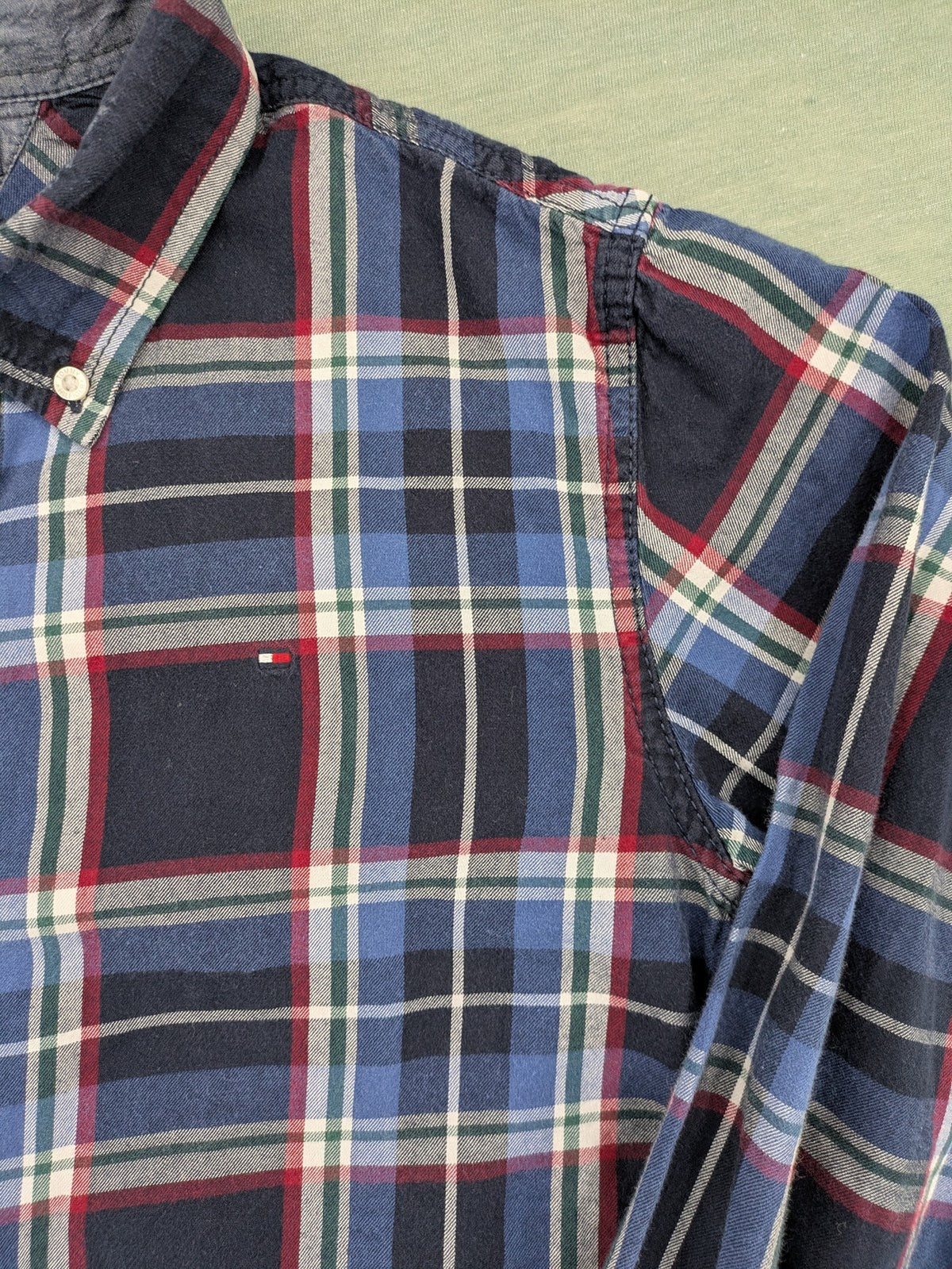Tommy Hilfiger long-sleeve shirt multi-colored check pattern with embroidered logo tag.