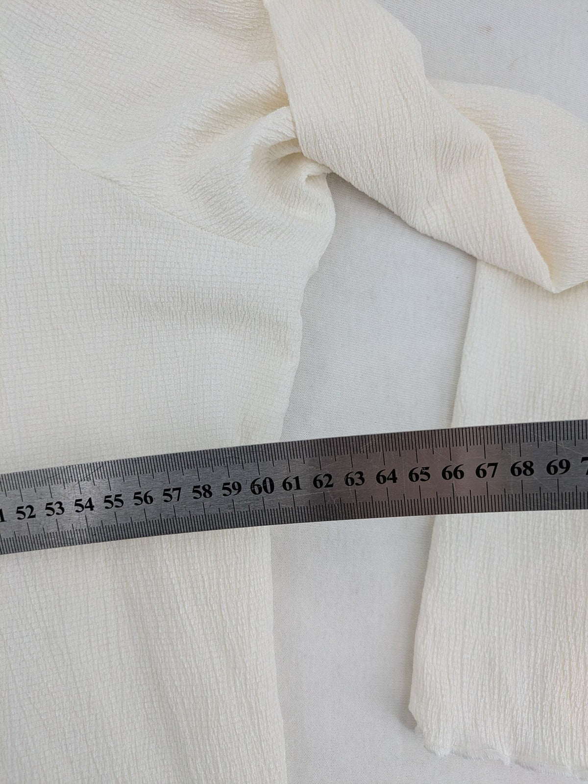 C&A cream blouse XXL textured crinkle fabric with gold button placket and wavy hem.