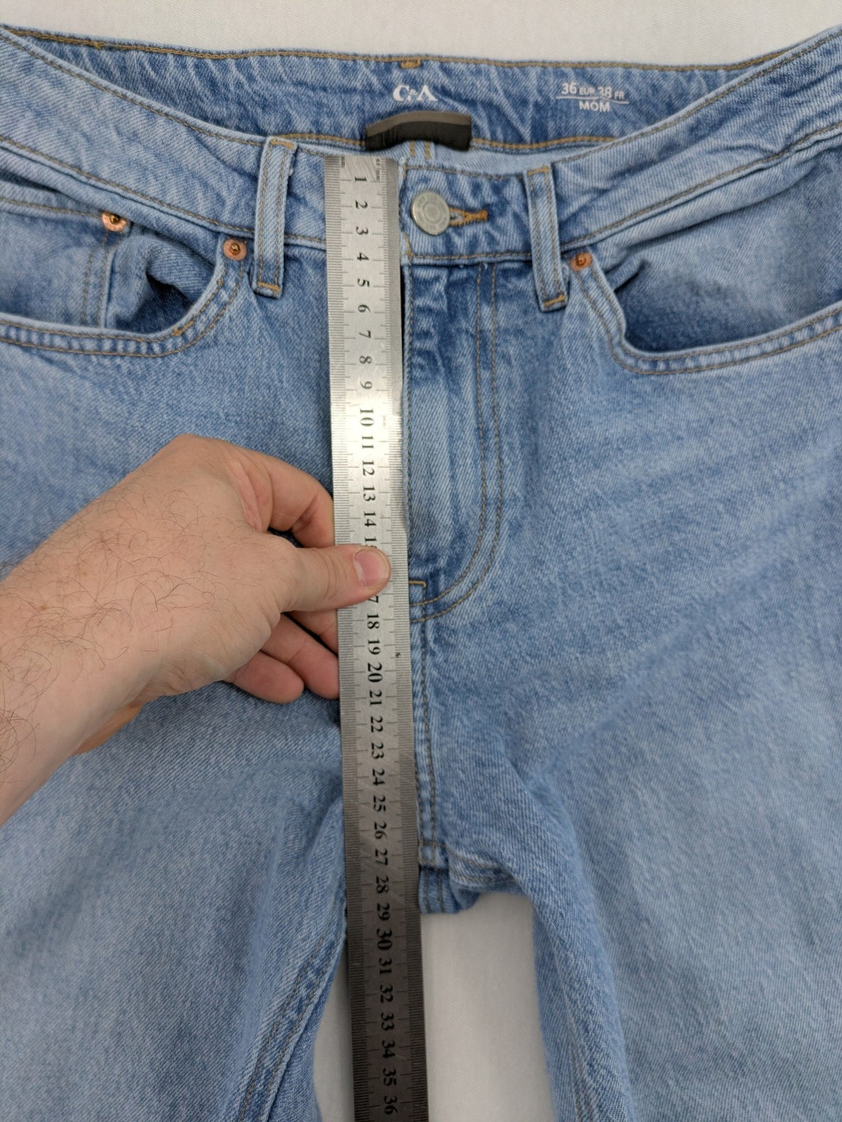 C&A blue mom jeans high waist with unique patchwork design and soft stretch denim.