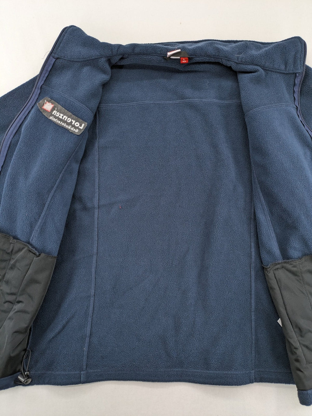 engelbert strauss navy fleece jacket embroidered Lorenzen Gebäudetechnik logo, full zip