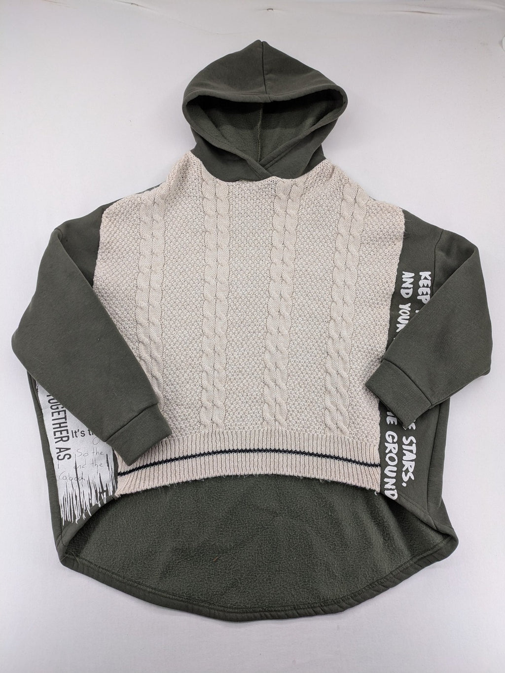 DCJ cream and olive green hoodie with cable knit pattern and graphic text sleeves.