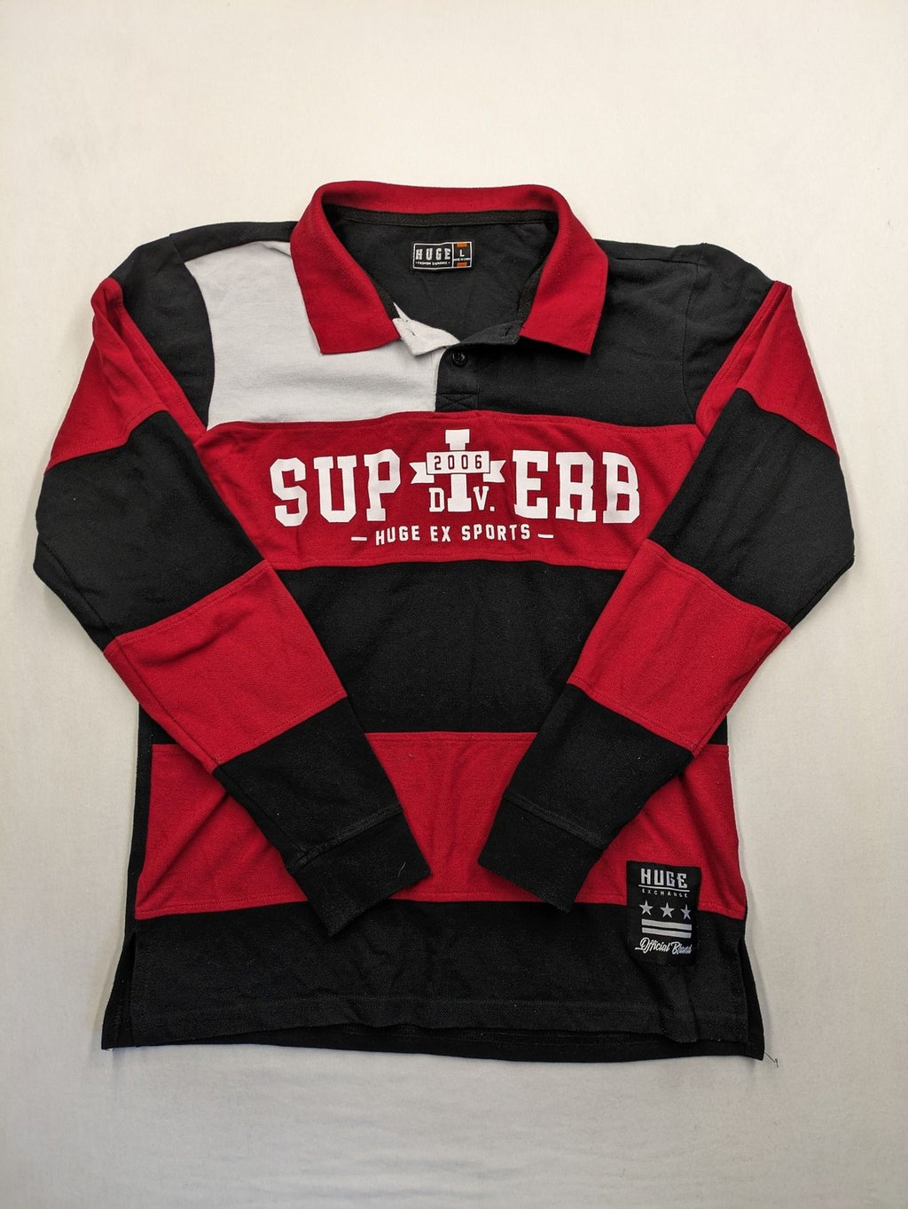 Huge Fashion Exchange rugby polo shirt red and black striped with "SUPERB" graphic.