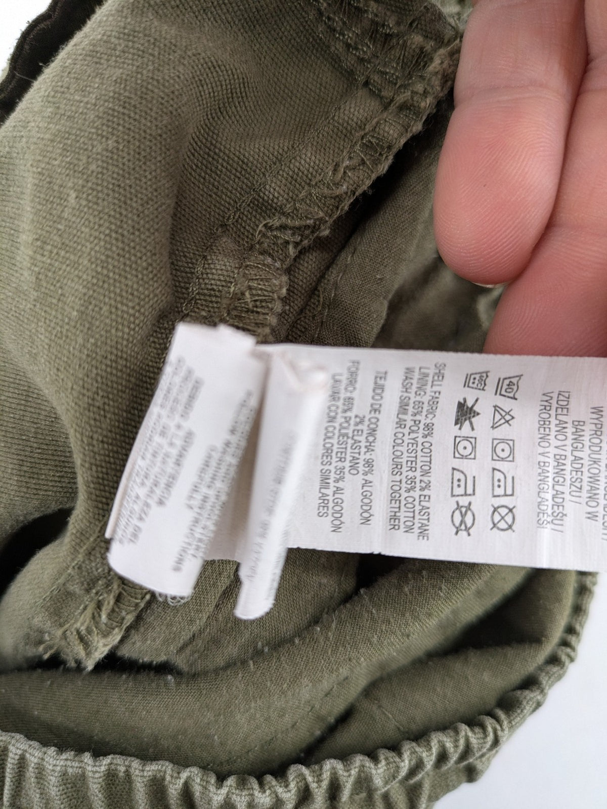 Denim & Co. khaki cargo jogger pants with elastic waistband and multiple pockets.