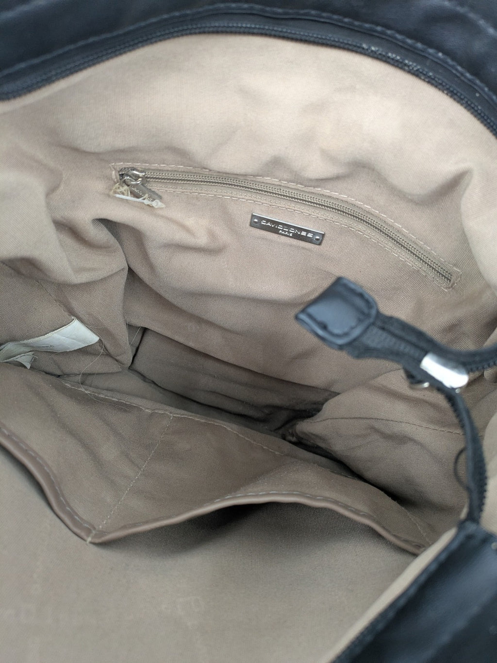 David Jones black hobo handbag pebbled PU leather with silver hardware and zipper closure.