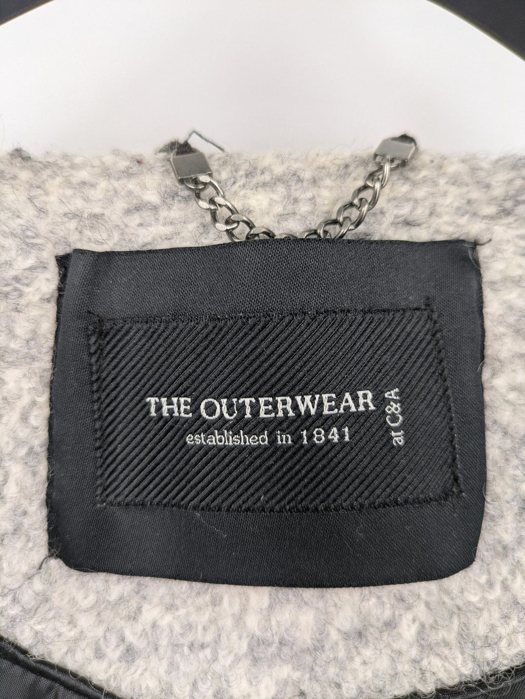 C&A grey jacket wool blend with hood, full zip, modern design, zip pockets.