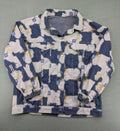 XXL blue and white graphic jacket with allover print and classic trucker style.