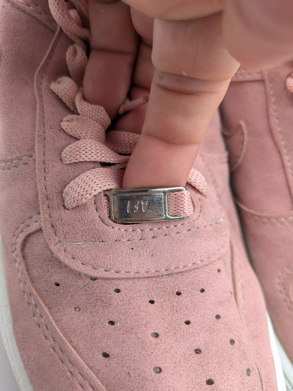 Nike Air Force 1 Low Top pink suede with perforated toe box and white sole