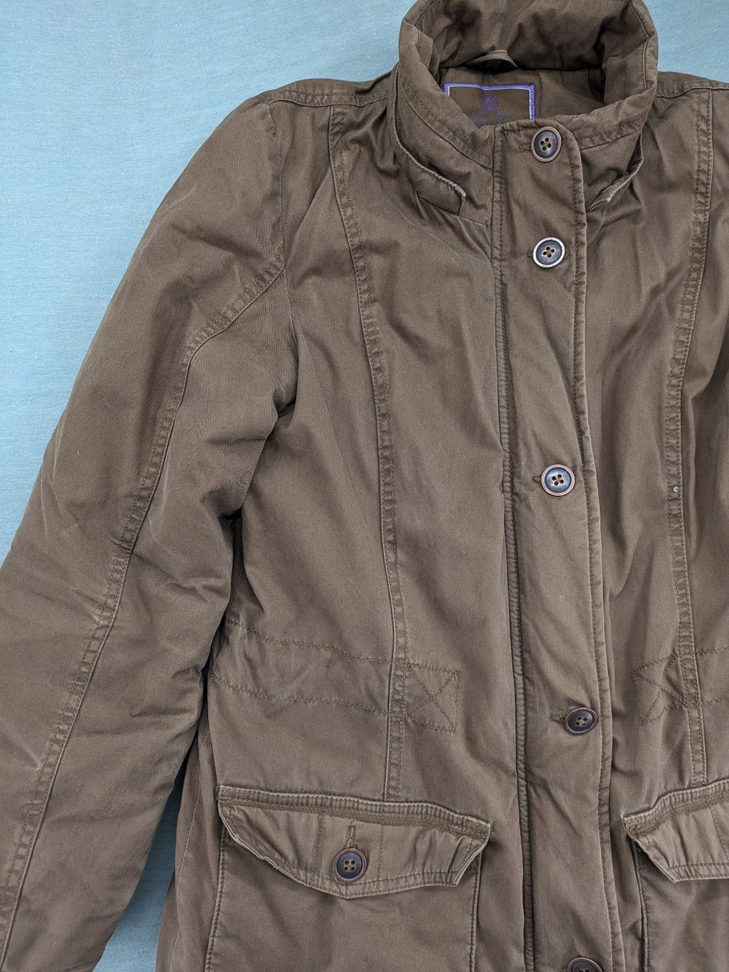 Cecilia Classics brown jacket quilted cotton with adjustable waist and zipper-button closure.