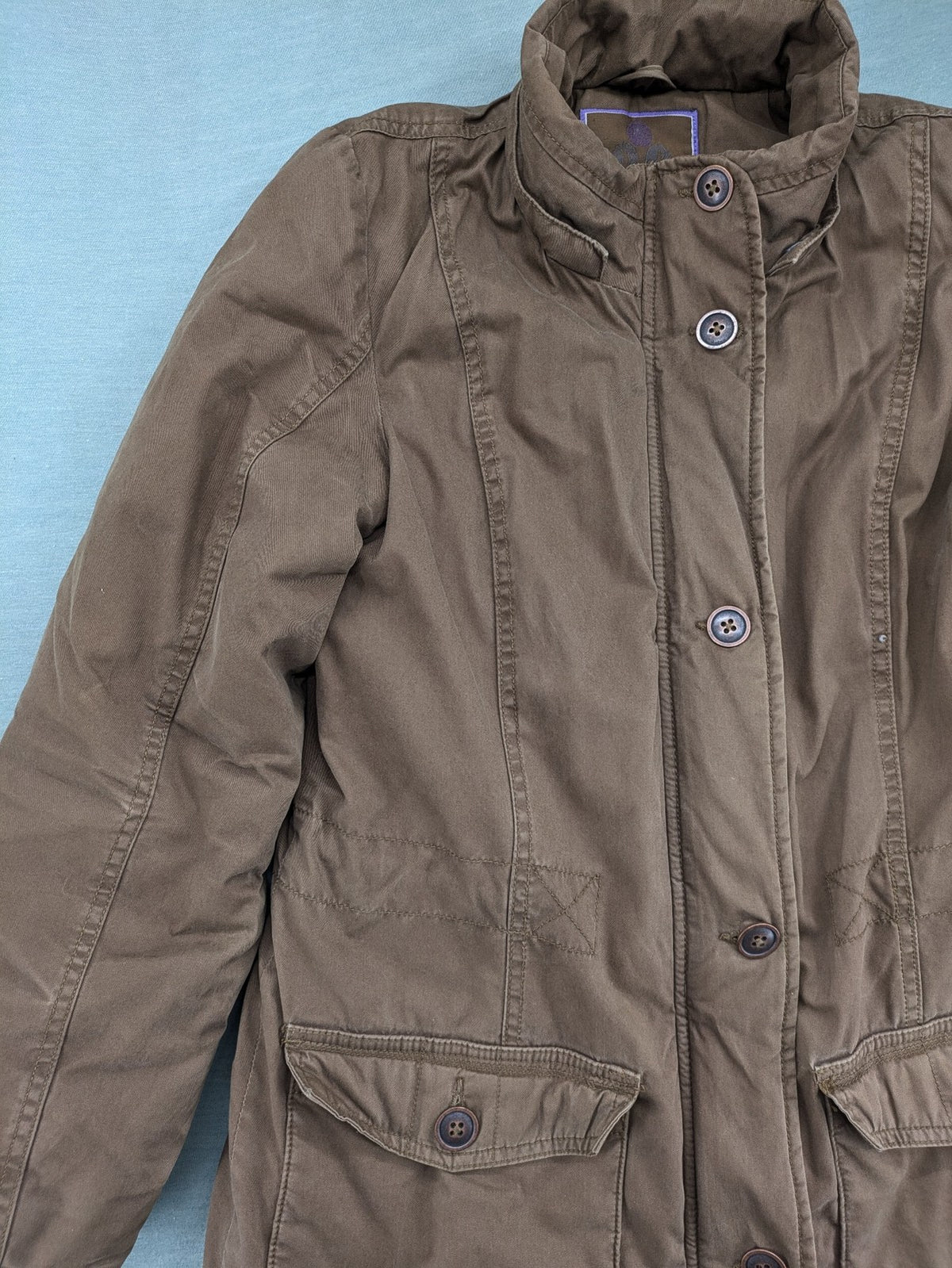 Cecilia Classics brown jacket quilted cotton with adjustable waist and zipper-button closure.